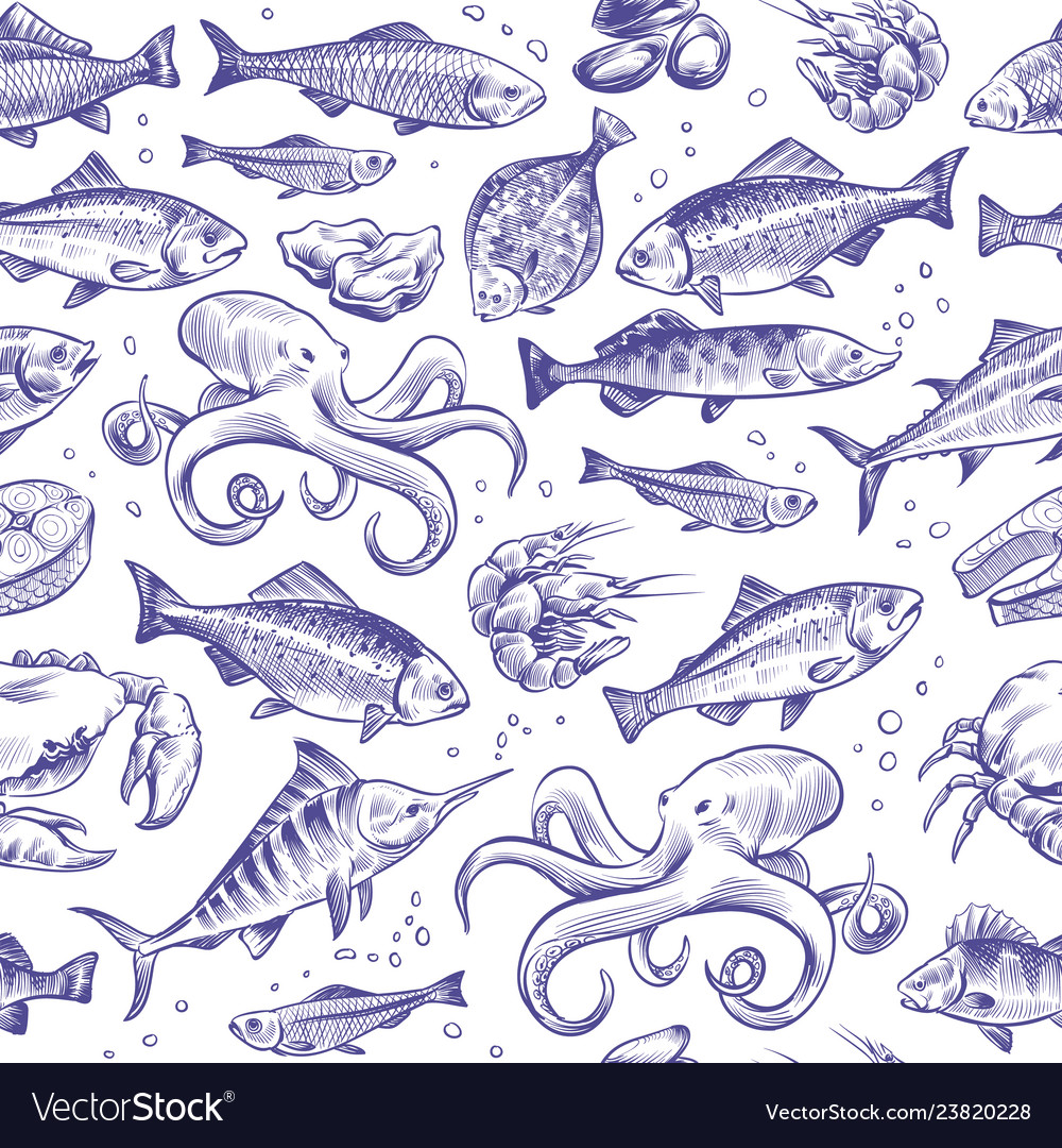 Sketch Fish Hand Drawn Seafood Seamless Pattern