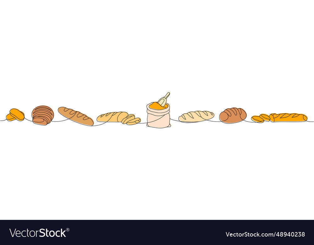 Set of fresh breads one line colored continuous