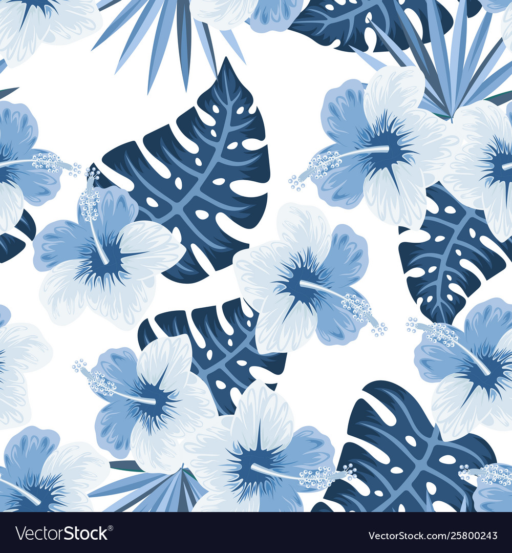 Pattern hibiscus and tropical leaves Royalty Free Vector