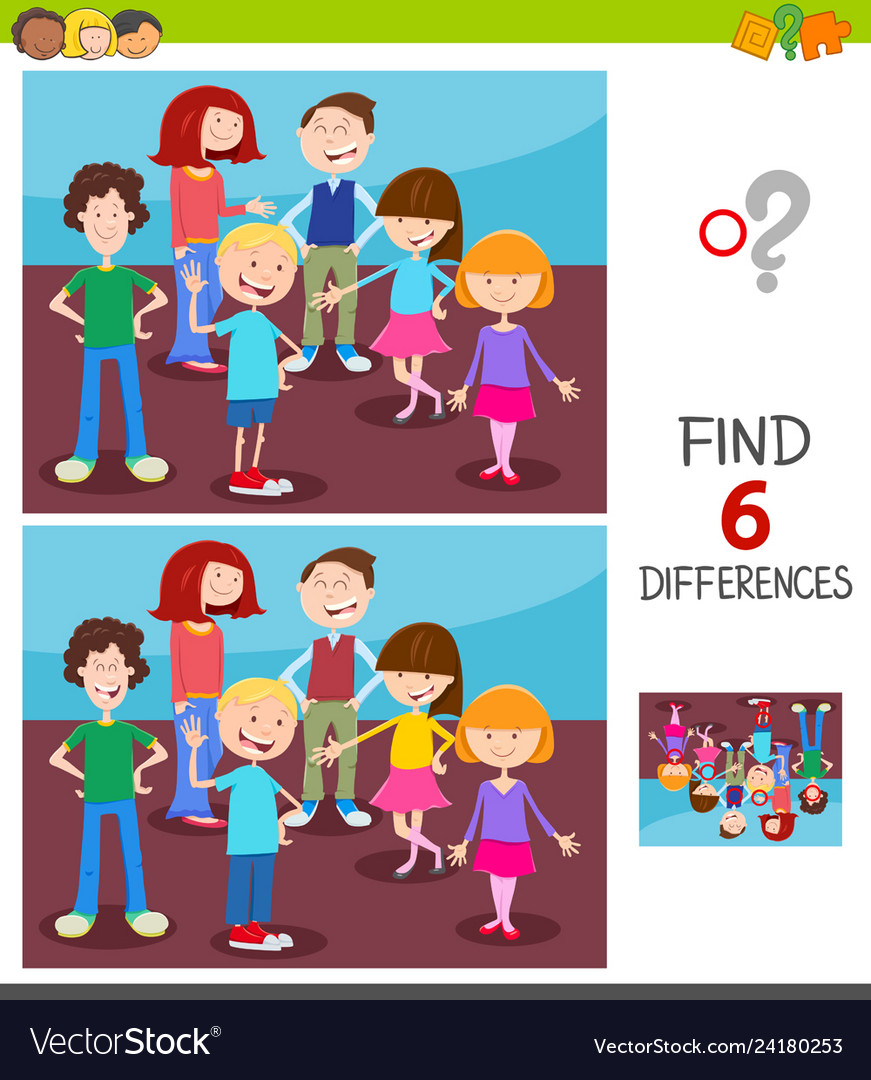 Find differences game with kids group Royalty Free Vector