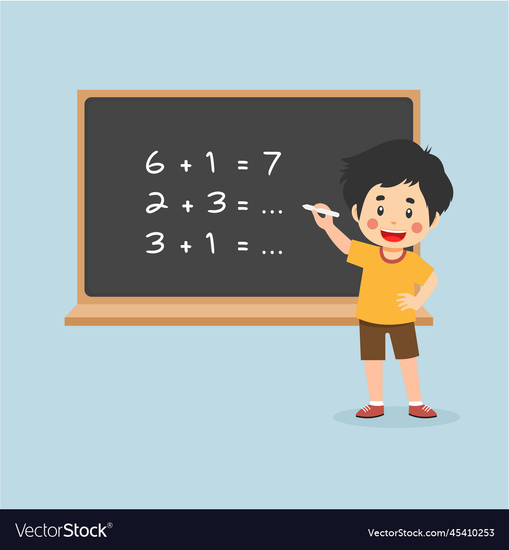 Little Boy Solving Math Problem Blackboard Vector Image