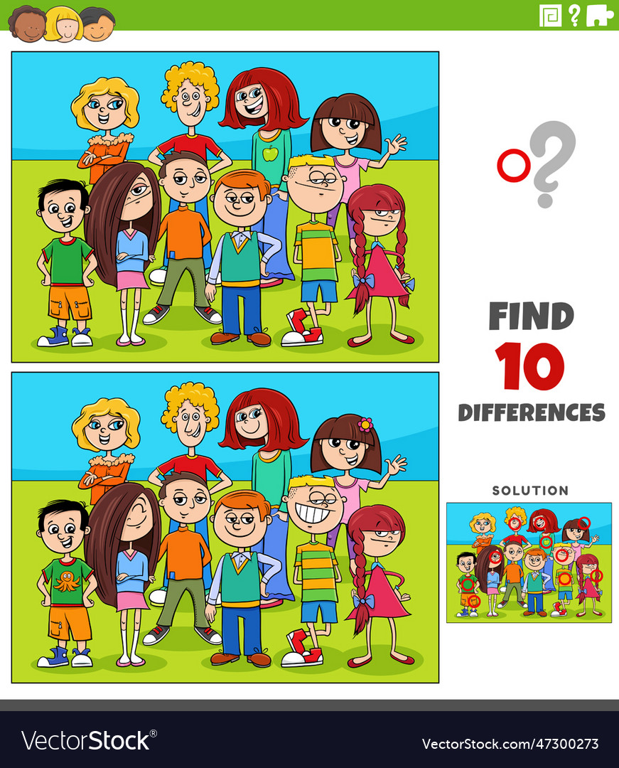 Differences game with cartoon children or teens Vector Image