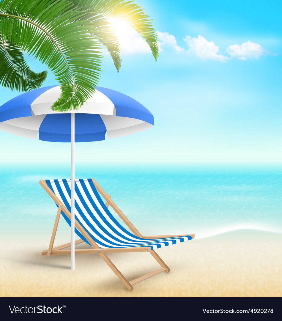 Beach with palm clouds sun umbrella and Royalty Free Vector