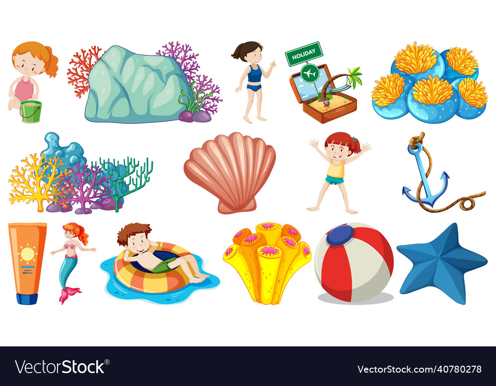 Set of summer beach objects and cartoon characters