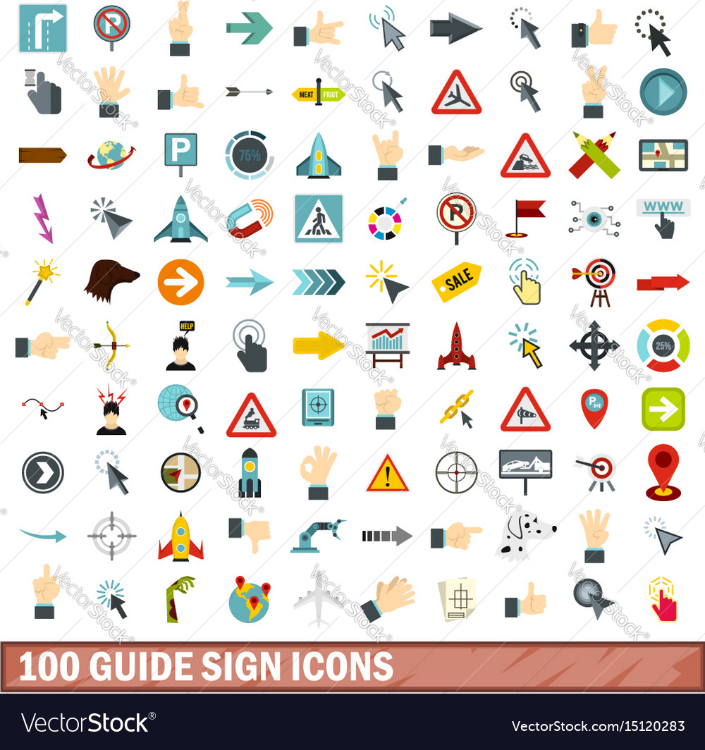100 guide sign icons set flat style Royalty Free Vector
