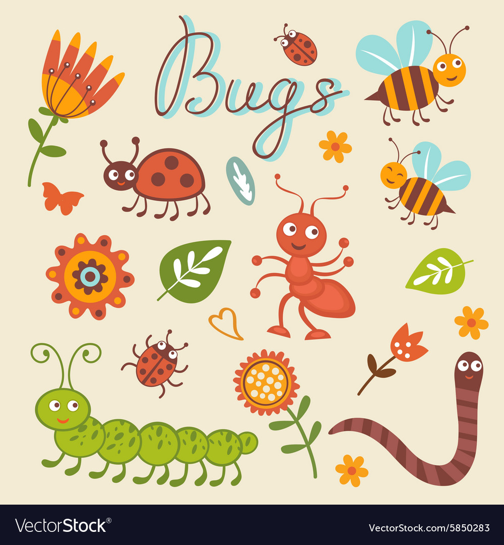 Cute collection happy little bugs Royalty Free Vector Image