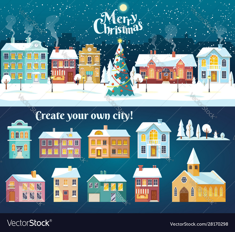 Snowy night in cozy christmas town city panorama Vector Image