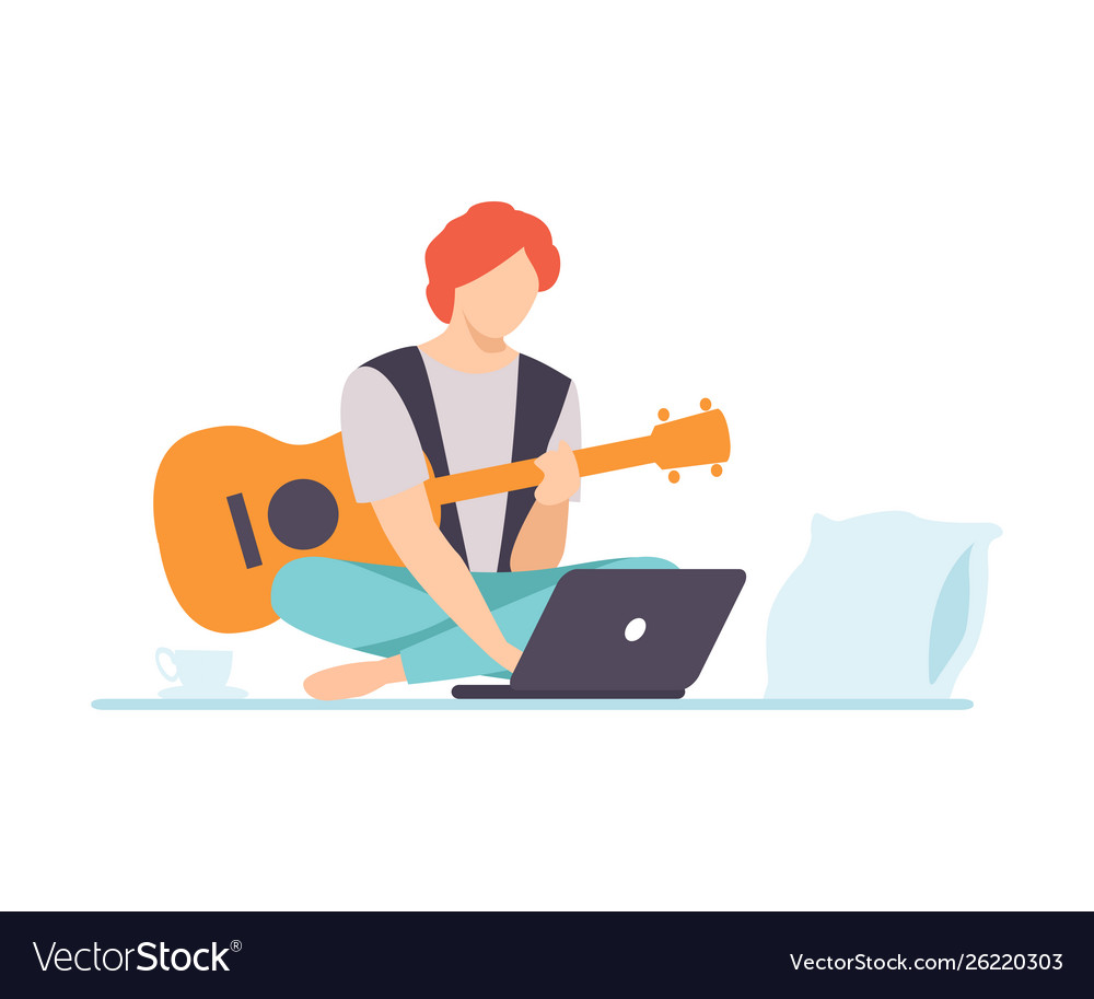 Young Man Playing Guitar Guy Learning Guitar Vector Image
