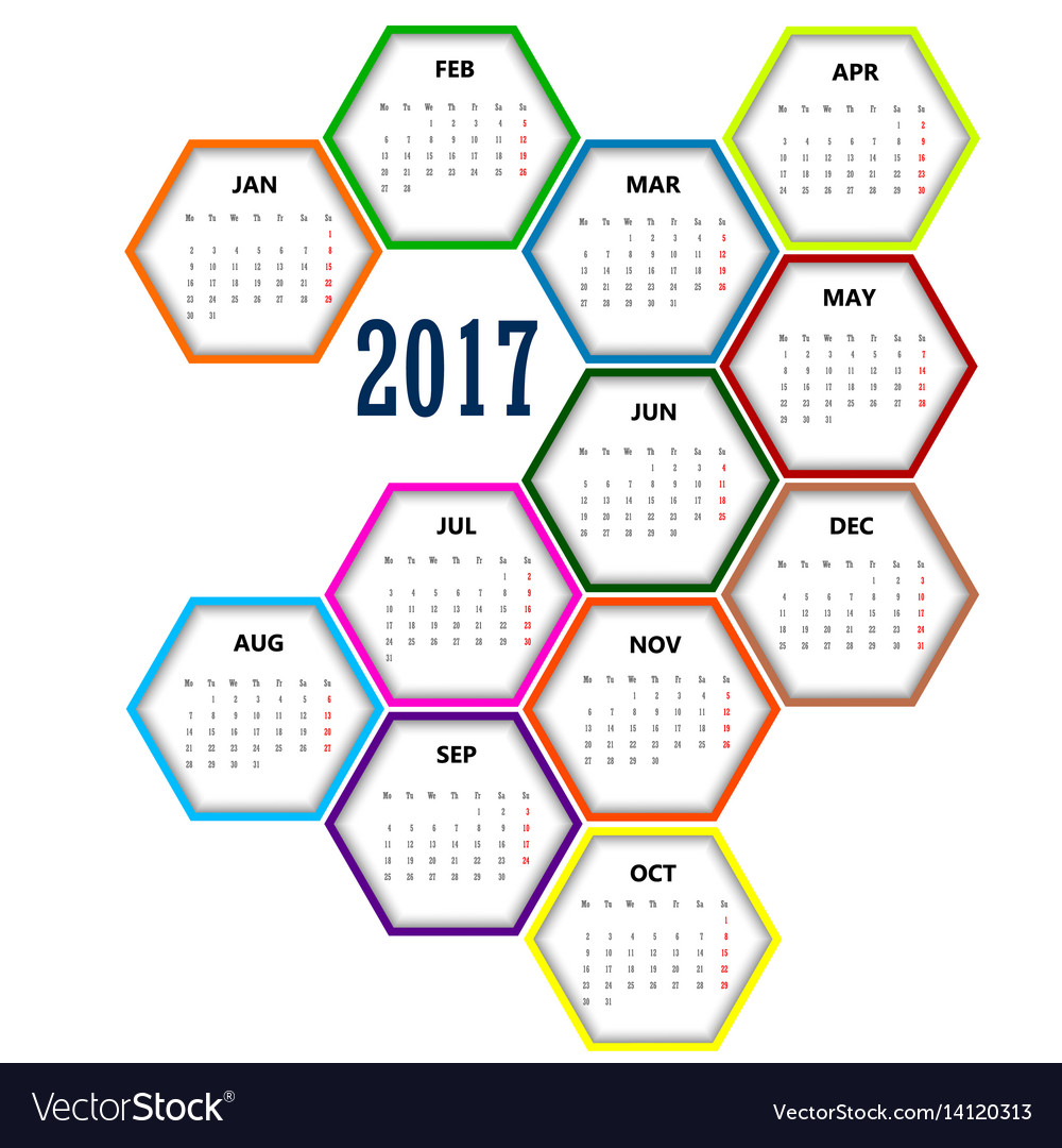 Calendar in hexagon 2017 set color Royalty Free Vector Image