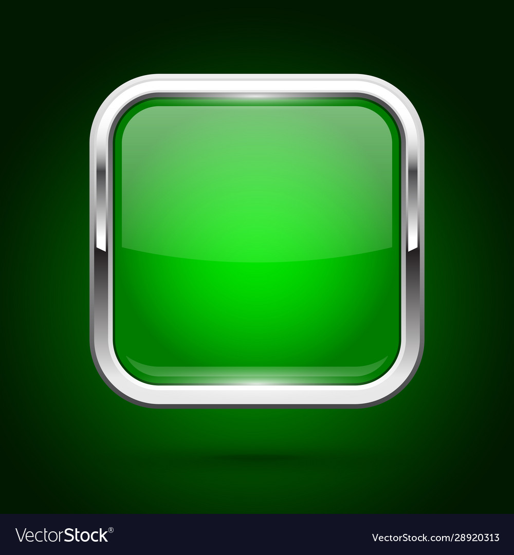 Green glass button with metal frame square iconon