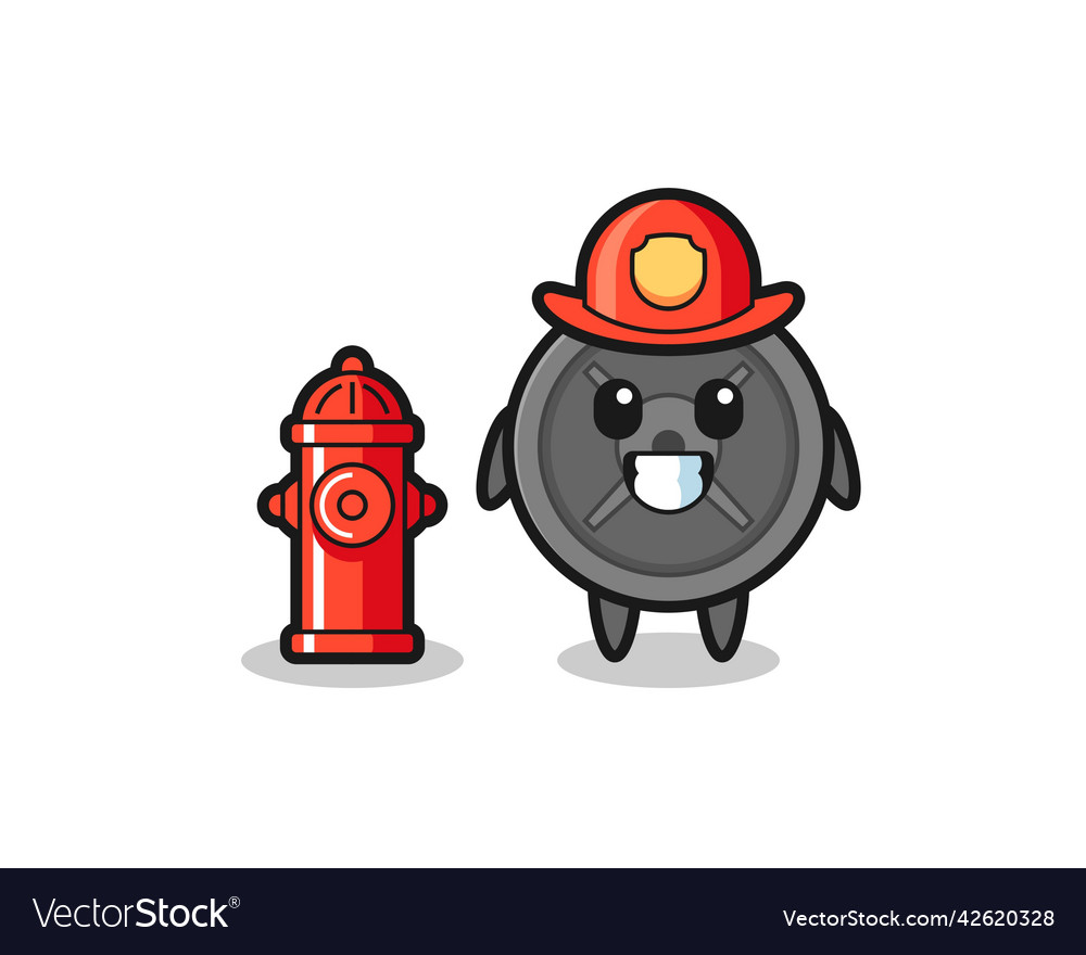 Mascot character of barbell plate as a firefighter