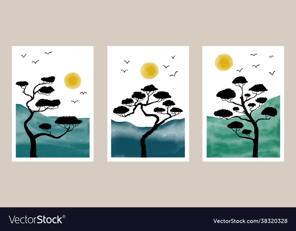 Natural Abstract Botanical Art Set With Watercolor