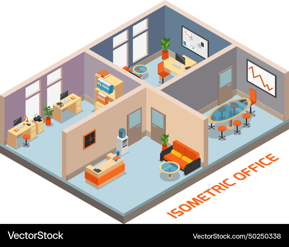 Isometric office interior composition Royalty Free Vector