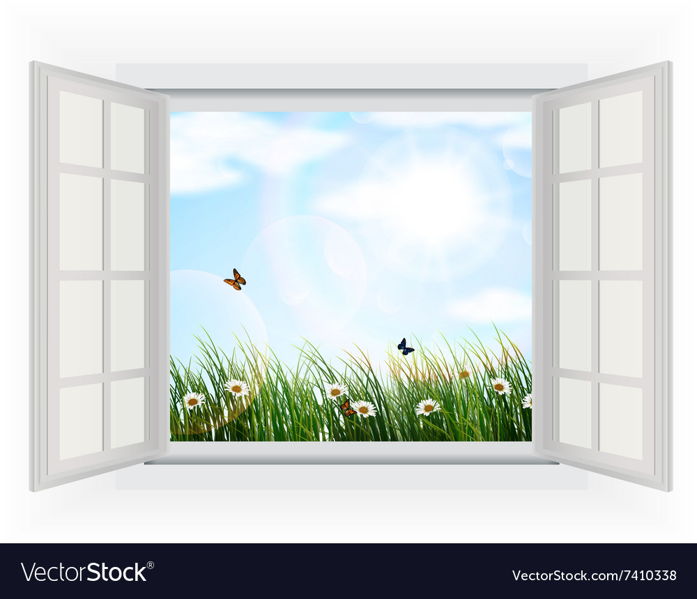 Open window with flowers and butterfly Royalty Free Vector