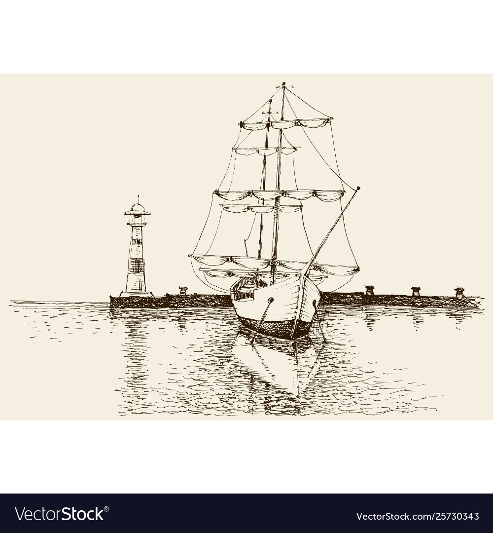 Boat in harbor artistic hand drawing Royalty Free Vector