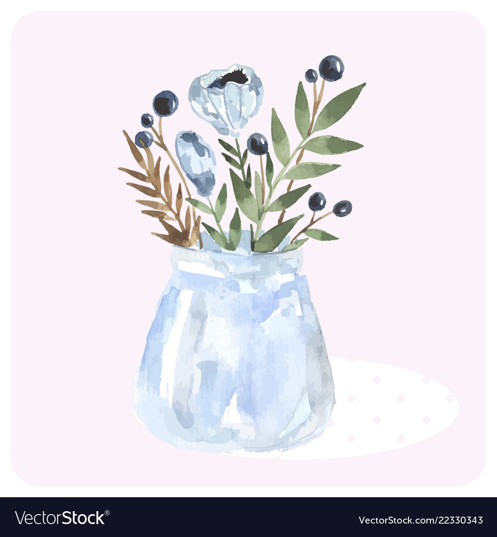 Hand drawn watercolor bouquet in the bank blue vector image Hand drawn watercolor bouquet in the bank blue