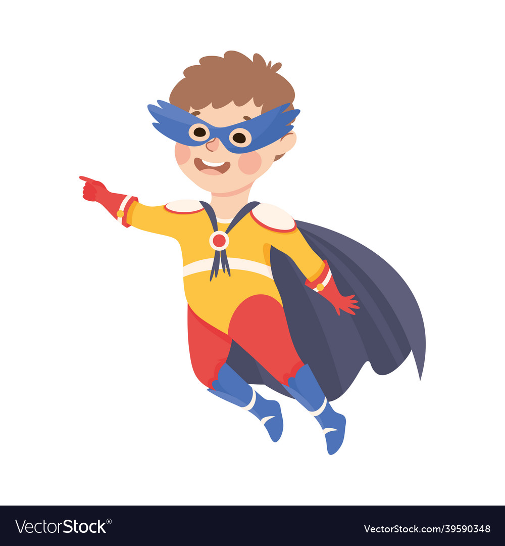 Little boy wearing costume of superhero pretending