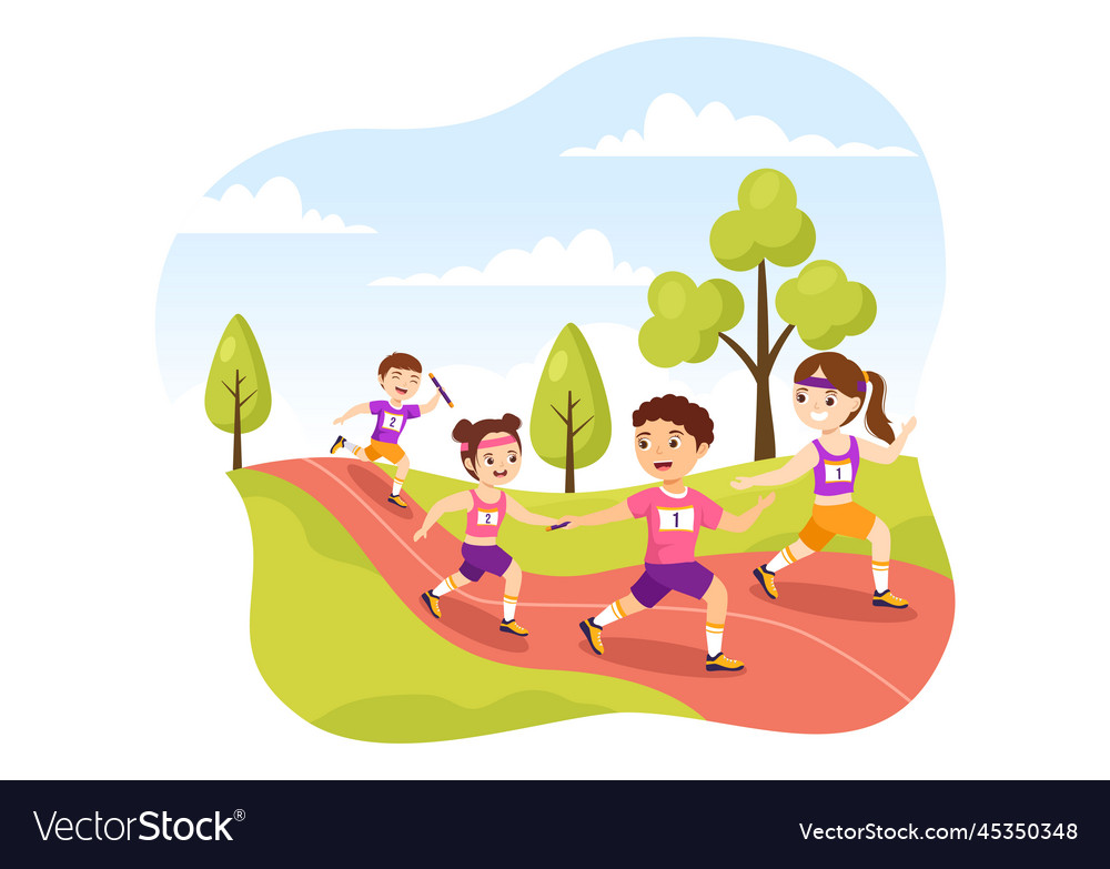 Relay race kids by passing the baton to teammates Vector Image