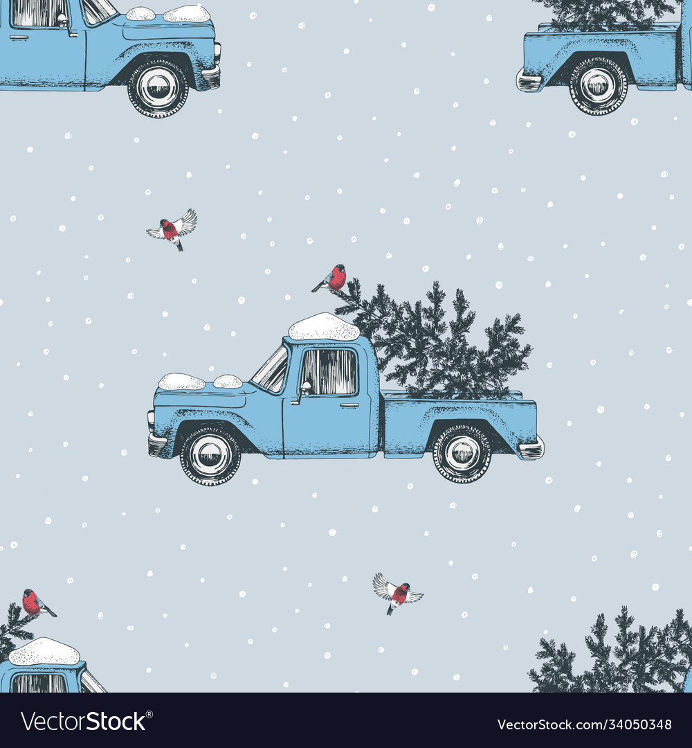 Seamless pattern with hand drawn christmas trucks vector image Seamless pattern with hand drawn christmas trucks
