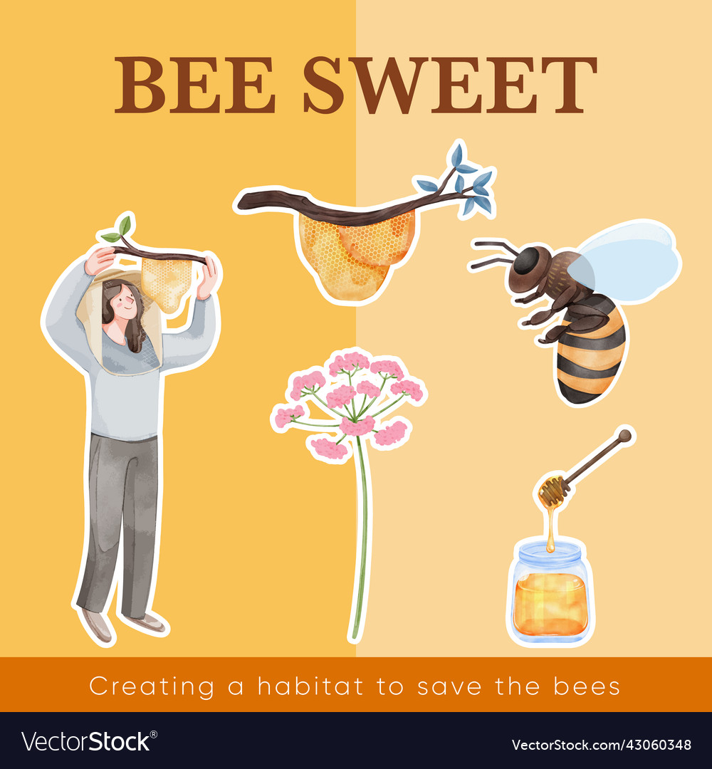 Sticker template with honey bee conceptwatercolor Vector Image