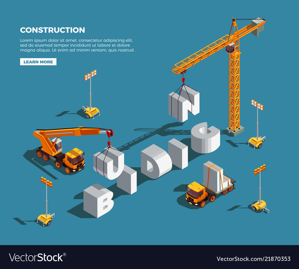 Construction vehicles isometric composition Vector Image