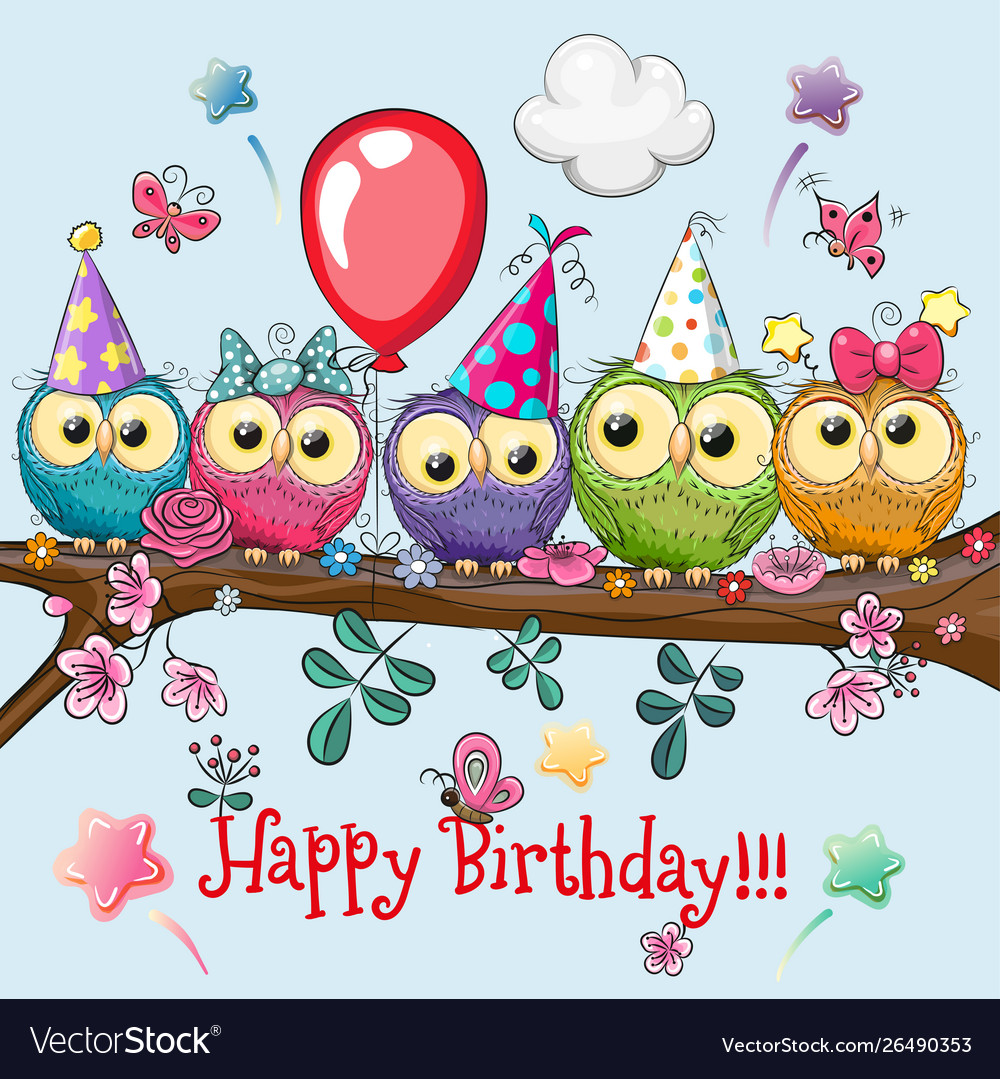 Five owls on a brunch with balloon and bonnets Vector Image