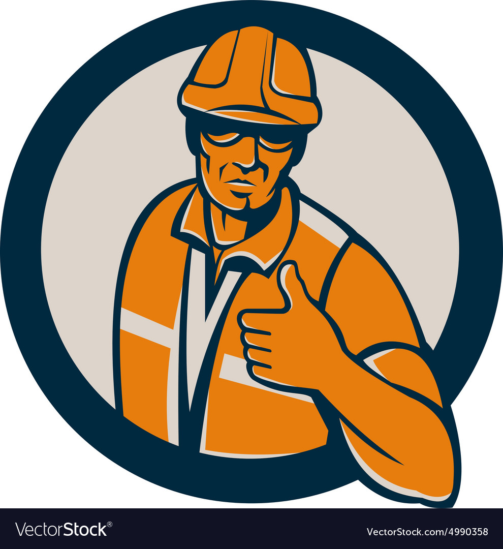 Construction worker thumbs up circle retro Vector Image