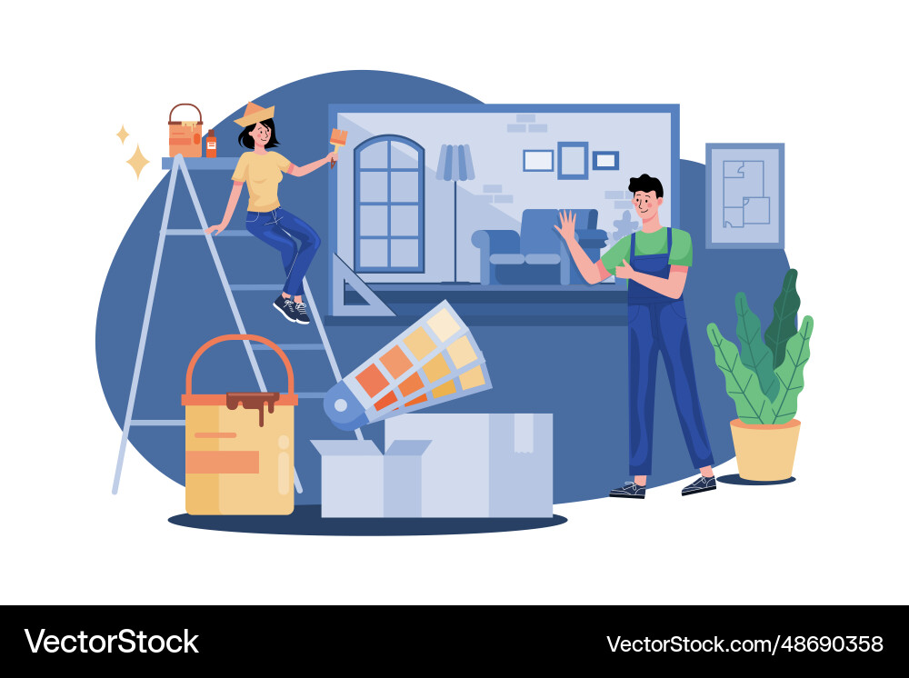 Construction workers arranging interior Royalty Free Vector