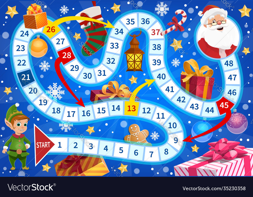 Kids christmas roll and move boardgame template Vector Image