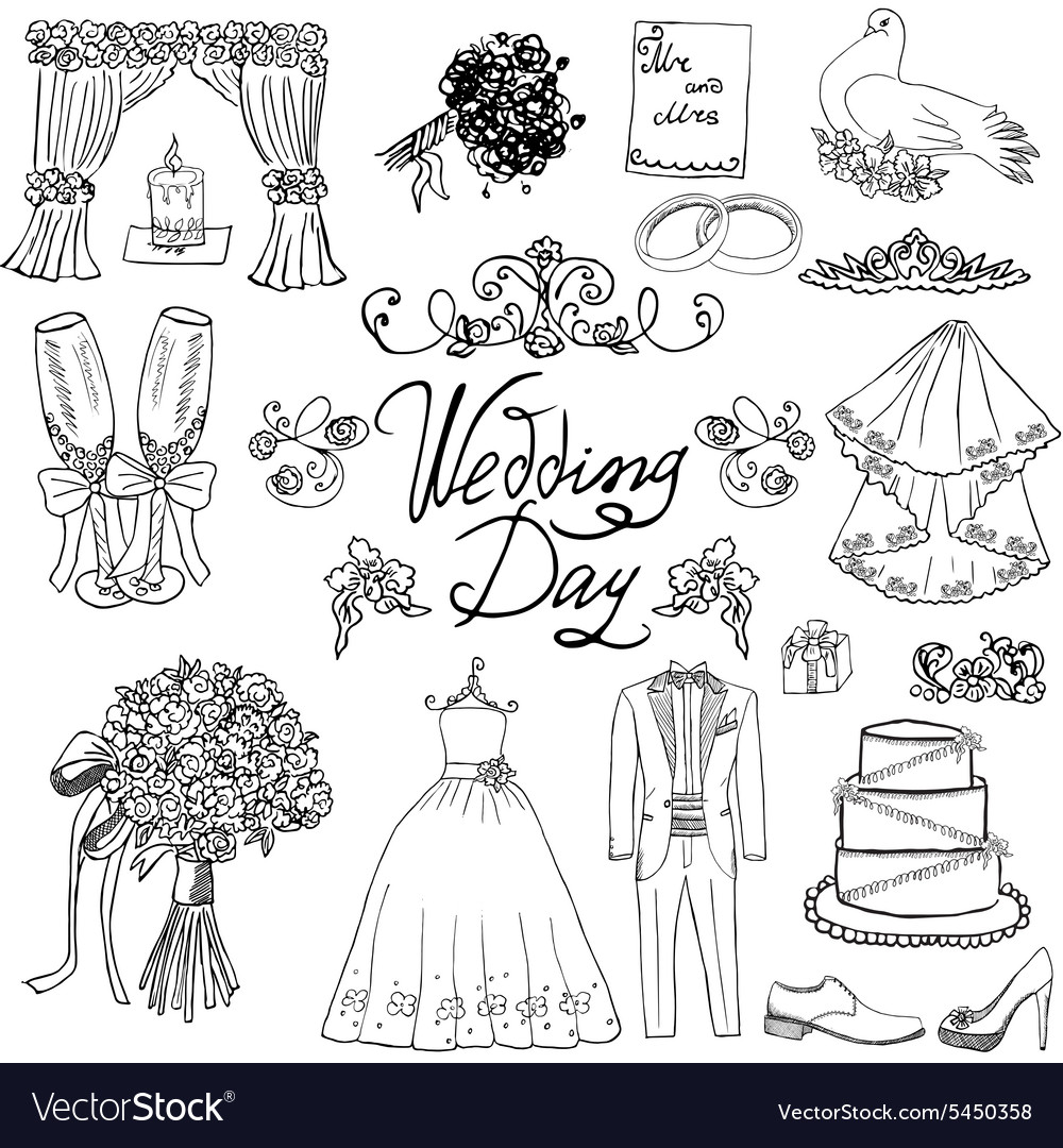 Wedding day elements hand drawn set with flowers Vector Image