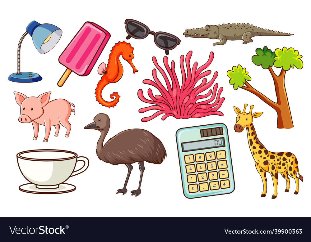 Set of various animals and objects Royalty Free Vector Image