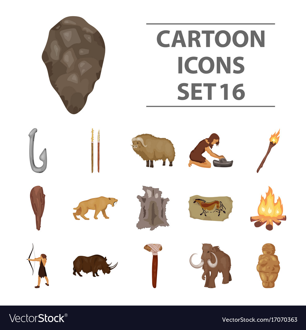 Stone age set icons in cartoon style big