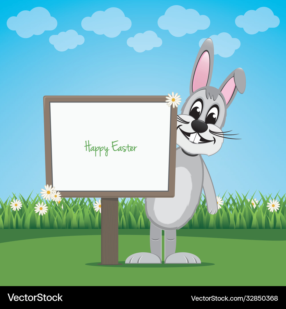 Bunny behind sign on spring lawn landscape Vector Image
