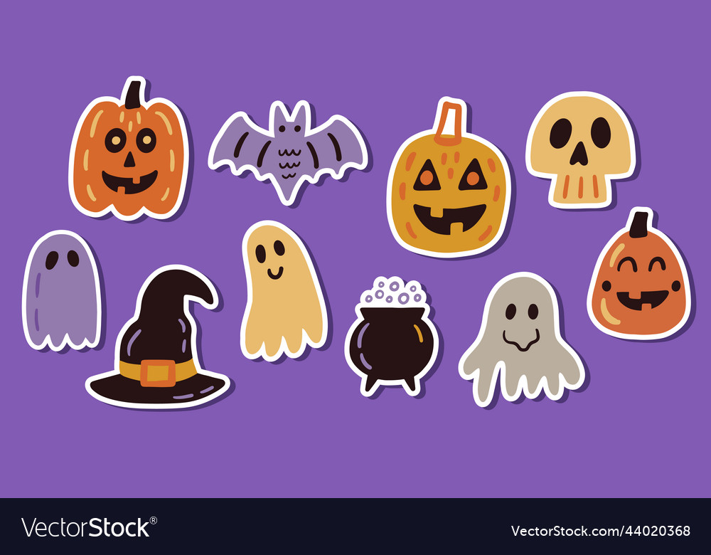 Halloween doodle character stickers elements set vector image Halloween doodle character stickers elements set