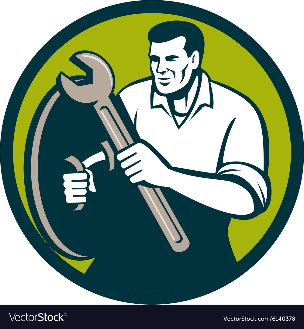 Mechanic brandishing spanner wrench circle retro Vector Image