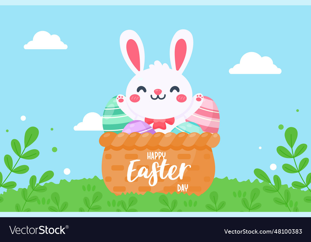 Cartoon little rabbit with easter eggs in wicker Vector Image