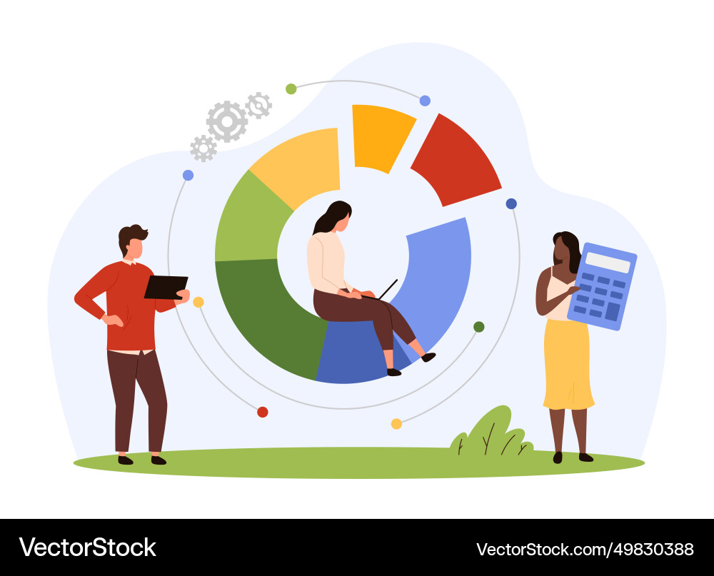 Pie chart research tiny people work on analysis Vector Image