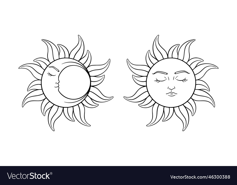 Tarot sun and crescent moon sketch sacred Vector Image