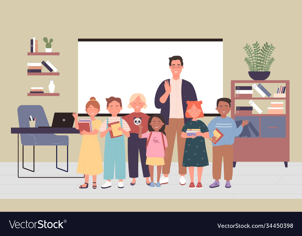 Teacher standing with kid school pupils cartoon Vector Image