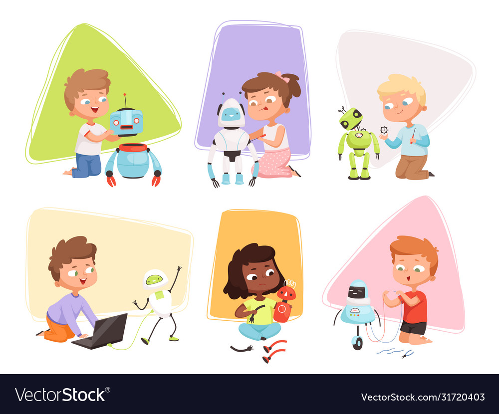 Kids and robots children programming coding smart Vector Image