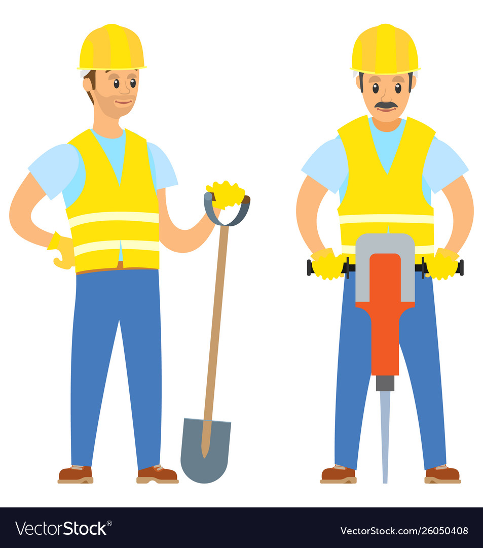 Repairmen with shovel and jackhammer work Vector Image