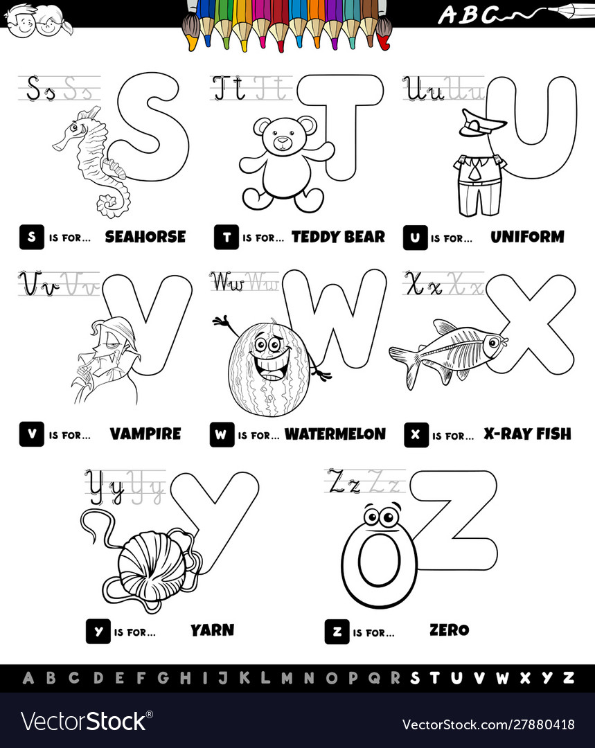 Educational cartoon alphabet set coloring book Vector Image