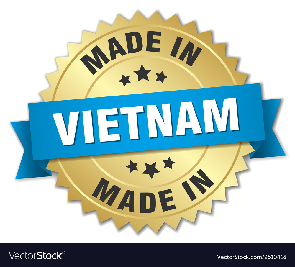 Made in vietnam gold badge with blue ribbon