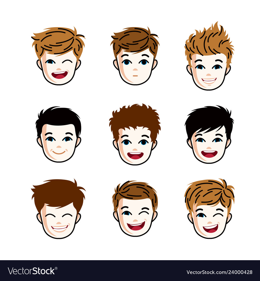 Collection of boys faces expressing different Vector Image