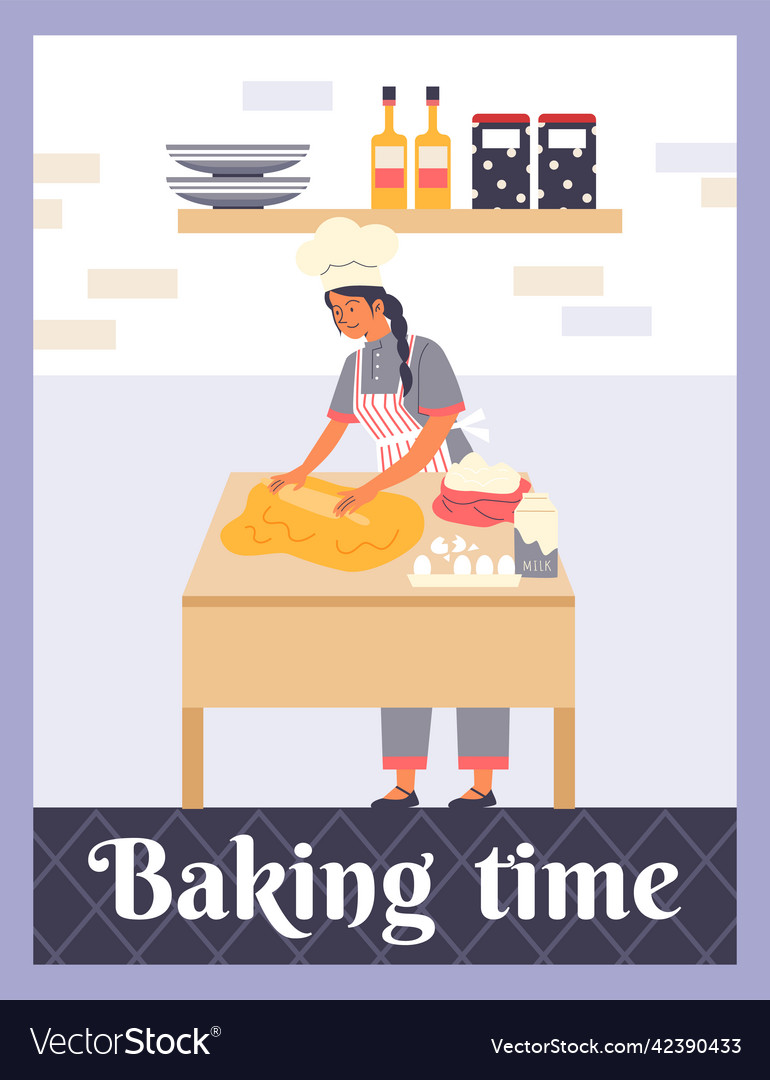 Baking time poster with woman making bread Vector Image