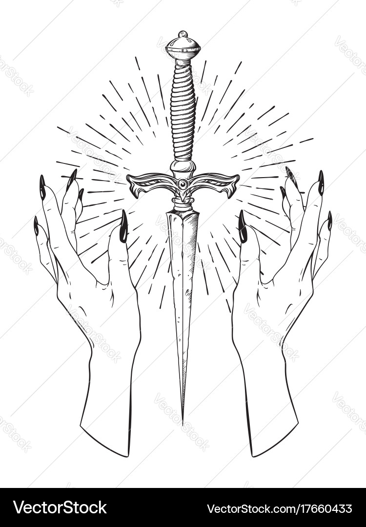 Ritual dagger in female hands with rays of light Vector Image
