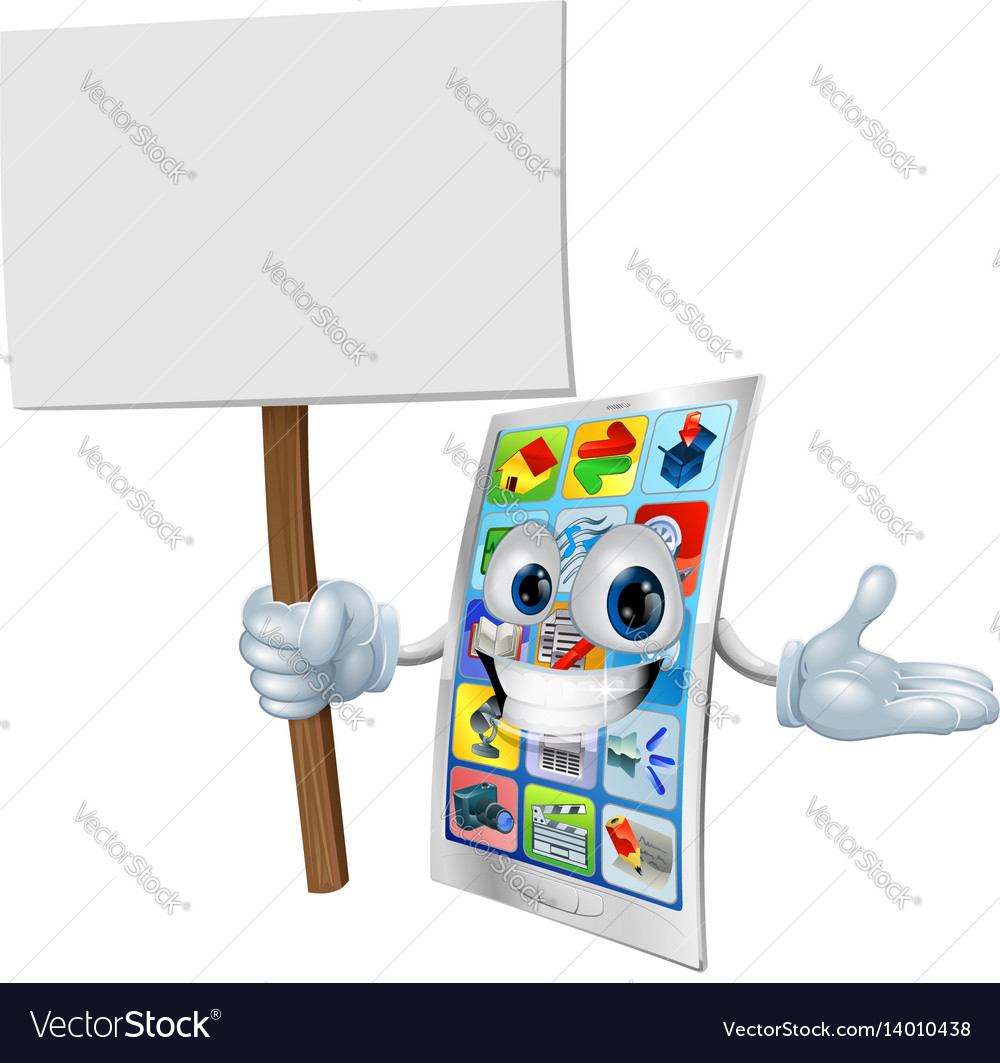 Cell phone cartoon character holding sign Vector Image Cell phone cartoon character holding sign Vector Image