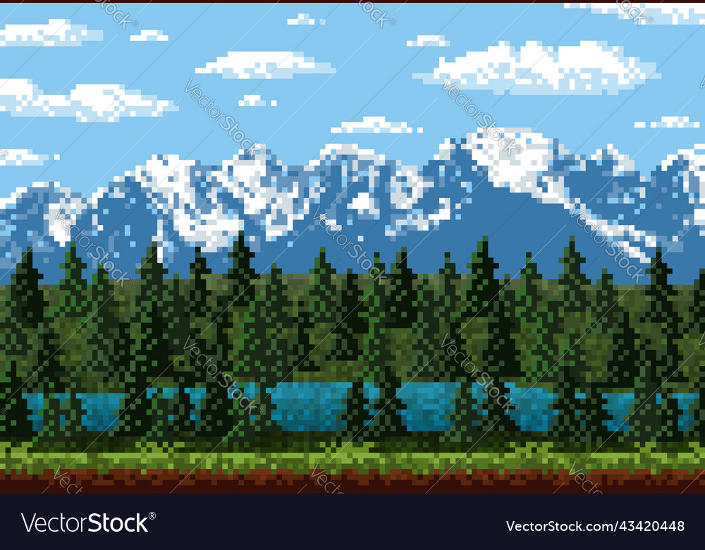 8 bit pixel mountain forest game level landscape Vector Image