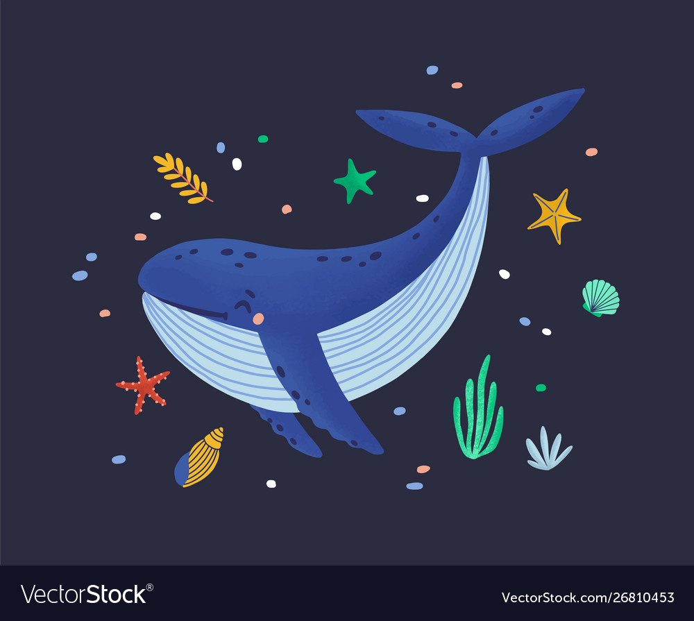 Happy smiling whale isolated on dark background Vector Image