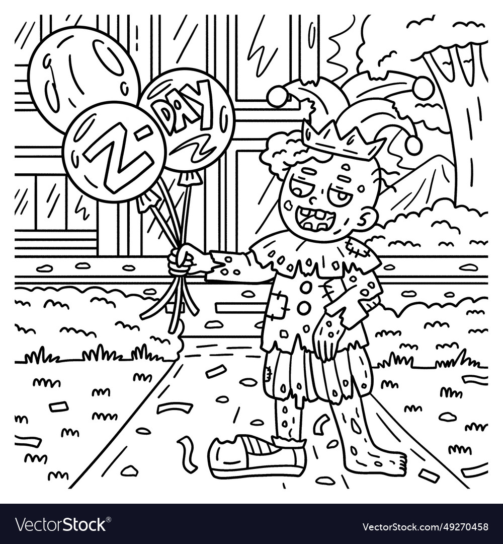 Zombie clown with balloons coloring pages for kids